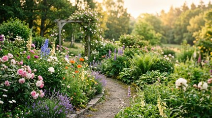 Naklejka premium A vibrant garden path winds through a lush, colorful flowerbed. A rustic wooden archway is adorned with climbing roses and other blooms.