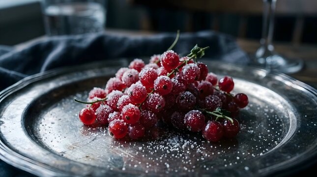 A cluster of fresh red currants sprinkled with white granulated sugar crystals on a rustic vintage metal plate, moody dark food photography background, healthy summer fruit dessert decoration
