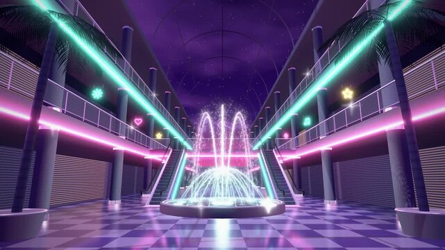 Empty shopping mall at night after closing, glowing fountain under a glass skylight, neon balconies and escalators, retro 80s airbrush seamless loop