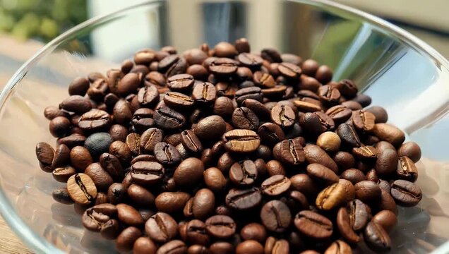 warm 4K coffee close-up features a large quantity of fresh dark coffee beans neatly contained within a transparent glass plate captured in close proximity to evoke the inviting atmosphere of a cozy
