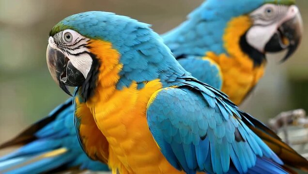 vibrant 4K close-up captures a large parrot with blue and yellow feathers perched prominently accompanied by another blurred bird in the background for added depth making lively stock footage
