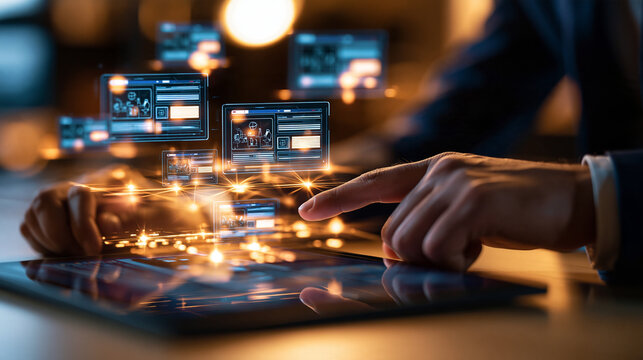Hands of a web administrator touching a global content management system interface with floating website icons and a digital publishing network above a bright desk content management