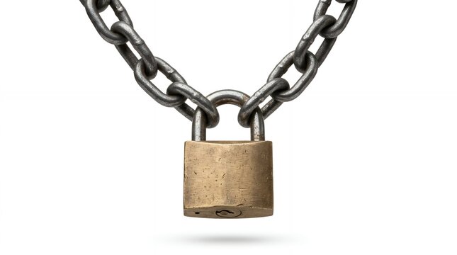 Brass padlock secured on metal chain symbolizing protection and