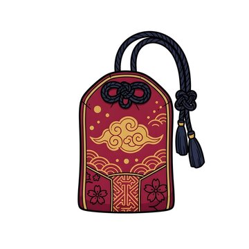 Traditional Japanese omamori amulet for good luck and protection, featuring cloud and cherry blossom motifs with decorative knot.