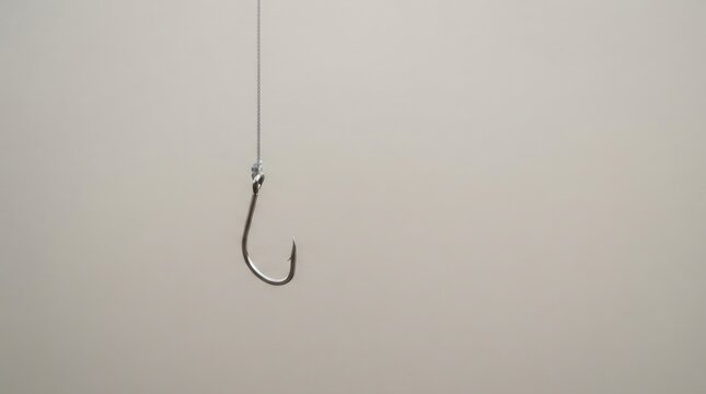 A silver fishing hook hangs suspended from a thin line against a pale beige wall. The hook is centered in the frame, creating a minimalist composition.