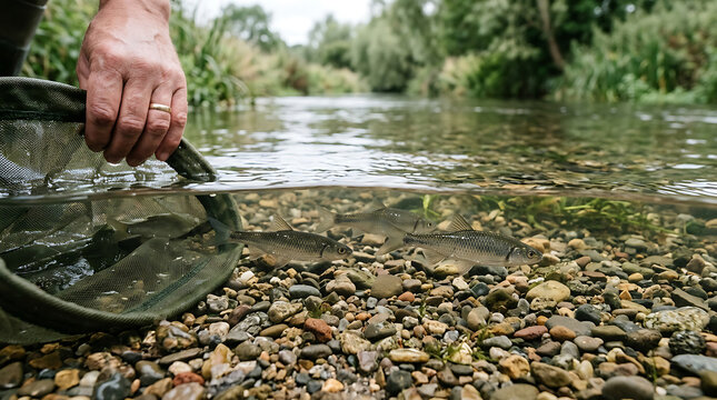 Angler releasing caught river fish from a net into a shallow stream