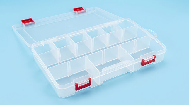 Clear plastic storage container with red latches isolated on a blue background