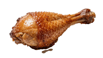 Crispy golden brown roasted chicken leg with glistening skin, isolated on transparent background © Lila