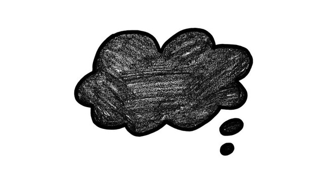 Black hand drawn thought bubble animation, filled pencil cloud graphic, isolated video overlay element