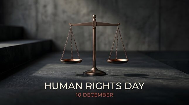 Human rights day concept with a balanced scale of justice on a dark textured background, 10 december commemorative date