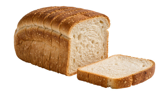 Sliced loaf of white bread with a golden crust, isolated on transparent background