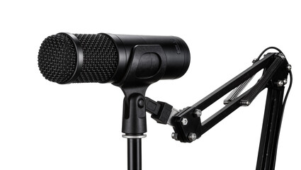 Black studio microphone on adjustable boom arm stand, isolated on transparent background © Lila