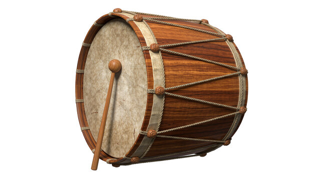 Wooden barrel drum with mallet, isolated on transparent background