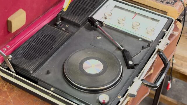 Close-Up of a Vinyl Record Spinning on a Turntable