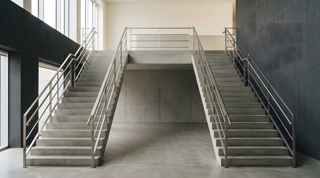 Modern concrete staircase with metal railings in a minimalist architectural interior space