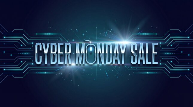 Cyber Monday sale banner. Hi-tech background from a computer circuit board. Computer mouse. Glowing neon blue connecting lines with lights. Vector illustration
