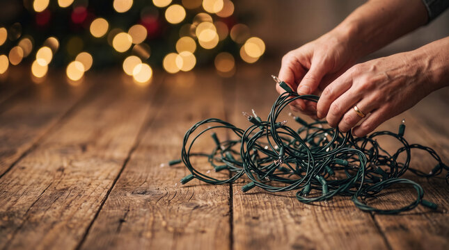 A tangled string of unlit fairy lights lying on a rustic wooden floor  