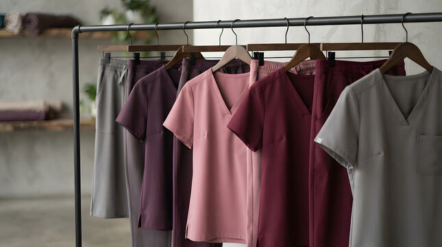 A selection of soft, muted-tone scrub tops and trousers hang on a minimalist industrial clothing rack against a textured wall.