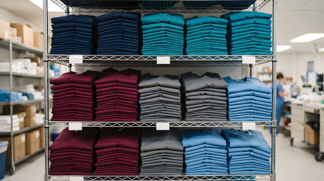 Stacks of neatly folded colorful scrub tops arranged on metal shelving units within a well-lit warehouse or stockroom environment.