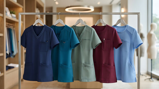 Assortment of vibrant scrub tops displayed on a clothing rack in a bright, modern retail store setting with soft ambient lighting.