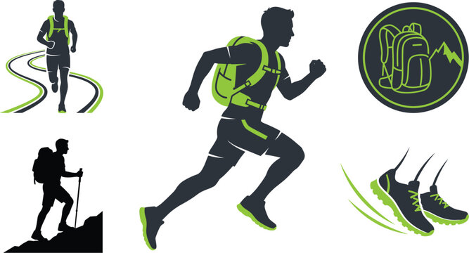 Active man trail running and hiking icons set with backpacker silhouette sneakers logo badges for outdoor sports adventure designs