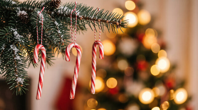 Candy canes hanging from a pine branch with blurred festive lights  