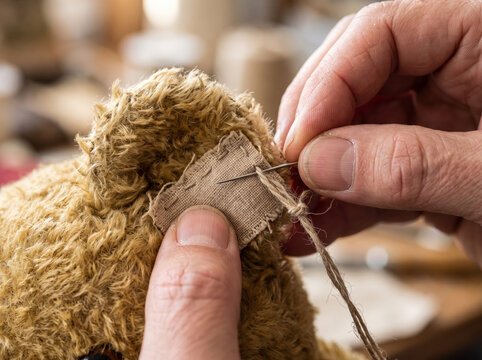 Hands repairing old vintage plush teddy bear with needle