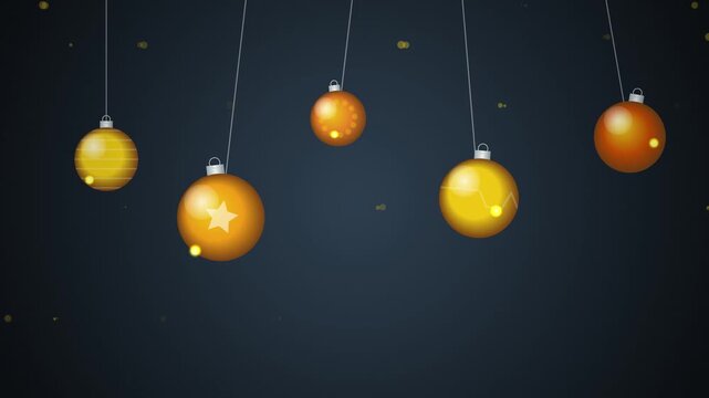 Golden Christmas Ornaments Swinging on Dark Background with Glowing Particles Motion Graphic