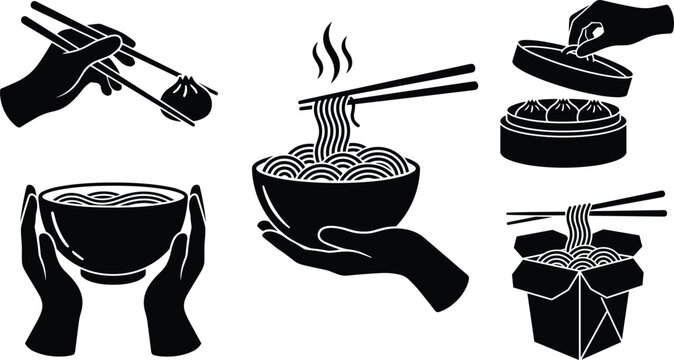 Asian food vector icons set featuring noodles in bowl chopstick holding dim sum dumpling bamboo steamer basket and takeout box