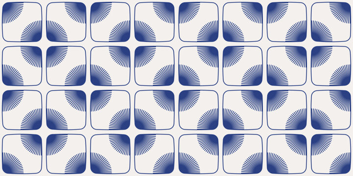 Blue Abstract Geometric Seamless Pattern with Sunburst Fan Motifs on White Background