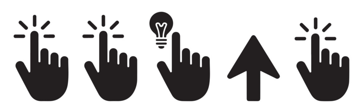 Interactive hand cursor click icons with creative idea lightbulb and arrow elements for digital navigation.
