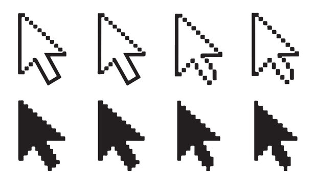 Monochrome pixel arrow cursor set with filled and hollow retro computer mouse pointers for interface design.