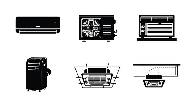Various air conditioning units depicted as black vector silhouettes on a white background