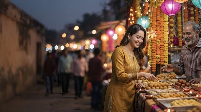 Smiling Indian woman choosing traditional sweets from a vendor at a festive night market stall with paper lanterns and marigold garlands for Diwali