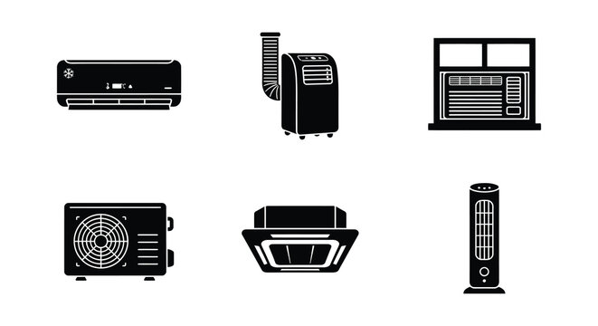 Various air conditioning units depicted as black vector silhouettes on a white background