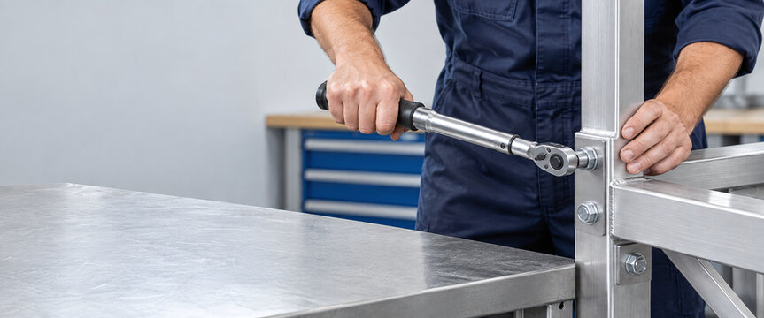 Technician tightening bolt with torque wrench