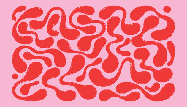 Abstract pink background, bold red organic blobs, wavy brush shapes, irregular curved lines, grunge texture, modern geometric pattern, playful fluid forms, trendy decorative vector illustration