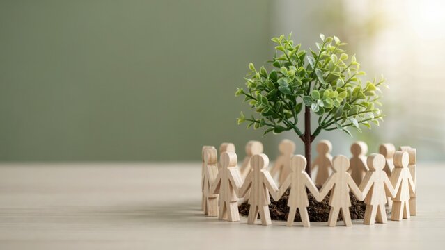 Wooden human figures holding hands in a circle around a small green tree