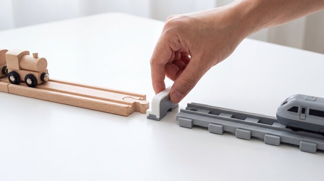 Hand joining two different toy train tracks, system integration and API