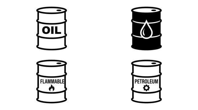 Oil barrel icon set, black and white petroleum drum vector symbols, industrial energy icons isolated on white background