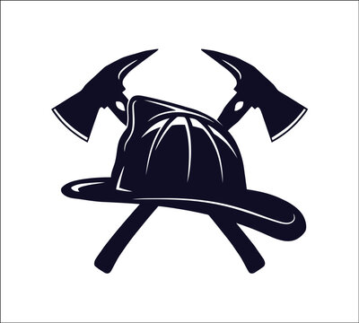 Firefighter helmet with crossed axes vector icon collection in black silhouette, representing fire department service, rescue operations, emergency response, safety and protective equipment.
