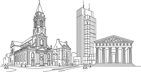 Fototapeta premium Architectural Cityscape Sketch with Buildings, Towers, and Classical Facades
