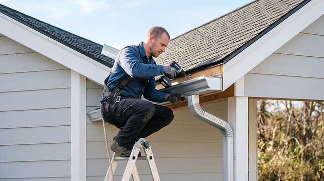 professional roofer installing gutter system on residential home with safety harness and tools on a sunny day