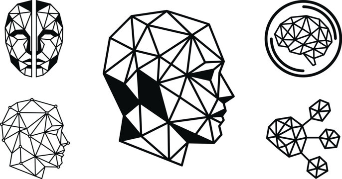 Geometric low poly artificial intelligence human head profile vector icon set featuring polygonal brain mesh connections,