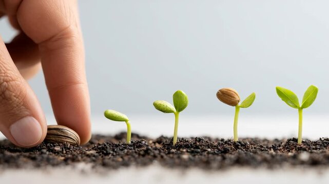 A hand planting a seed in soil, with tiny sprouts emerging in a row, symbolizing growth and new beginnings