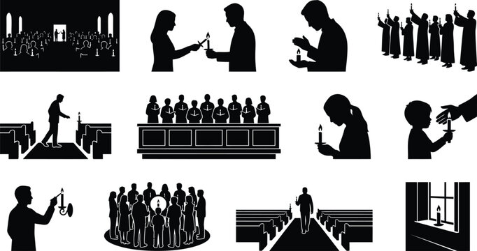 Collection of black silhouettes depicting people in a church setting holding candles, praying, and attending a religious service on white background
