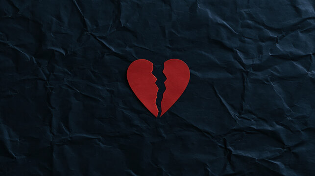 Broken heart paper cutout torn in two on dark crumpled paper, conveying heartbreak and anti Valentine emotion