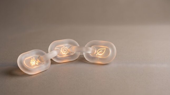 Translucent chain links glowing with icons representing transparent supply chain traceability