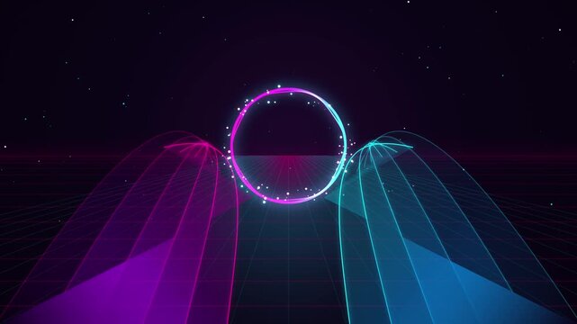 Neon synthwave circle tunnel abstract background, with glowing particles, and retro grid, aesthetic