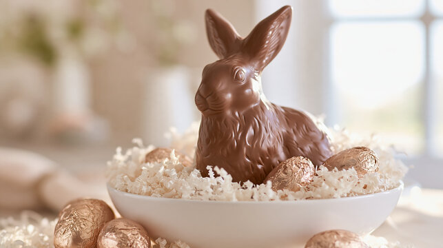 Chocolate Easter bunny nest with milk chocolate bunny and foil wrapped egg in white bowl create festive spring centerpiece